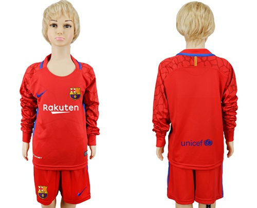 Barcelona Blank Red Goalkeeper Long Sleeves Kid Soccer Club Jersey - Click Image to Close
